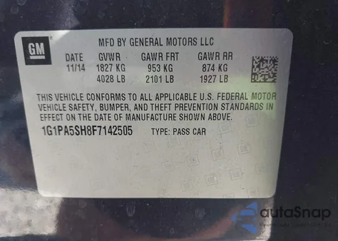 2015 Chevrolet Cruze Ls Auto из США, поврежденный, VIN 1G1PA5SH8F7142505